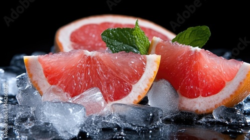 Fresh grapefruit slices on ice. Vibrant red grapefruit wedges resting on crushed ice, with fresh mint leaves