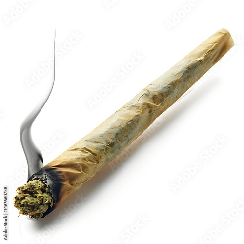 Rolled cannabis joint with burnt tip, realistic smoke detail, isolated on a white background