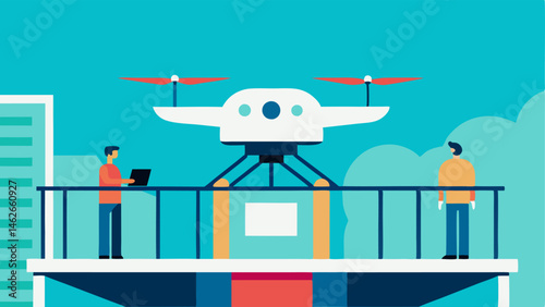 Landing Zone A drone safely descending onto a futuristic balcony equipped with smart technology as an excited customer watches from below.
