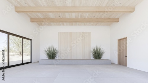 Minimalist, light-filled contemporary interior.  Light, airy, and spacious living area with natural wood accents and large windows.