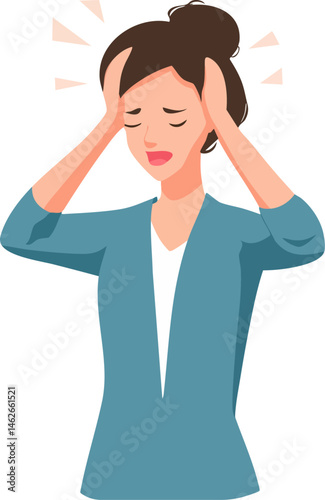 The Overwhelming Pressure: Modern Woman Experiencing Tension Headache Amid Daily Stressors in Minimalist Teal and Peach Tones