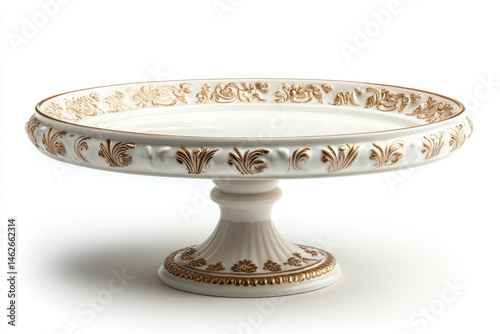 White and gold pedestal with a gold rim, holding a delicate crystal vase filled with red roses under soft lighting creating a luxurious and elegant ambiance.