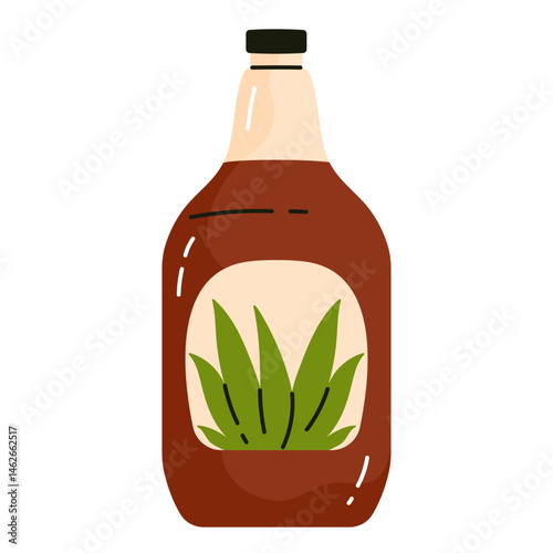 Agave syrup bottle with green agave plant label. Natural organic sweetener. Healthy sugar substitute. Vegan and gluten-free product. Vector illustration in cartoon style. Isolated on white.

