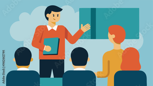 Sign Language Interpretation An illustration depicting a lecturer speaking to a student audience with a professional sign language interpreter positioned to ensure communication