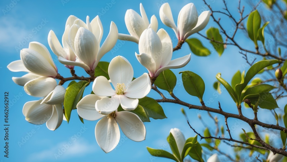 Fototapeta premium Beautiful white magnolia flowers with a blue sky backdrop in a botanical garden