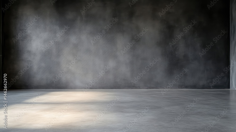 Empty room with textured dark gray walls and concrete floor. Sunlight casts shadows Empty room with textured dark gray walls and concrete floor. Sunlight casts shadows