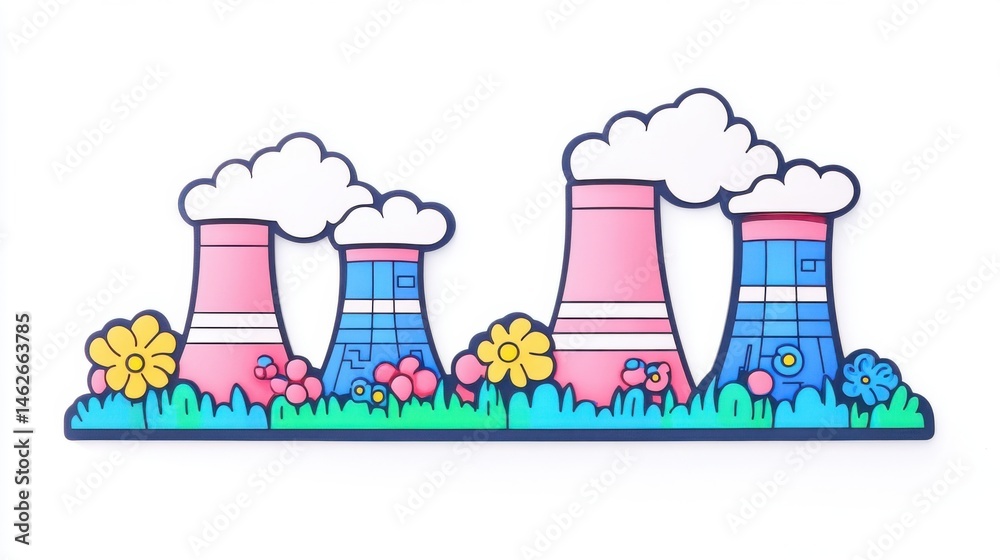 Colorful Cartoon Power Plant with Smokestacks and Flowers Design