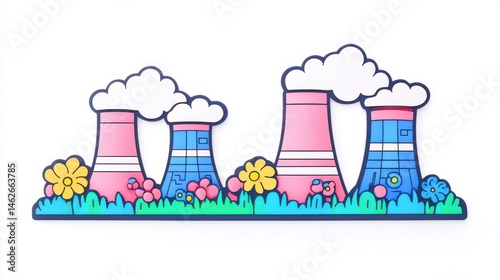 Obraz na płótnie Colorful Cartoon Power Plant with Smokestacks and Flowers Design w salonie