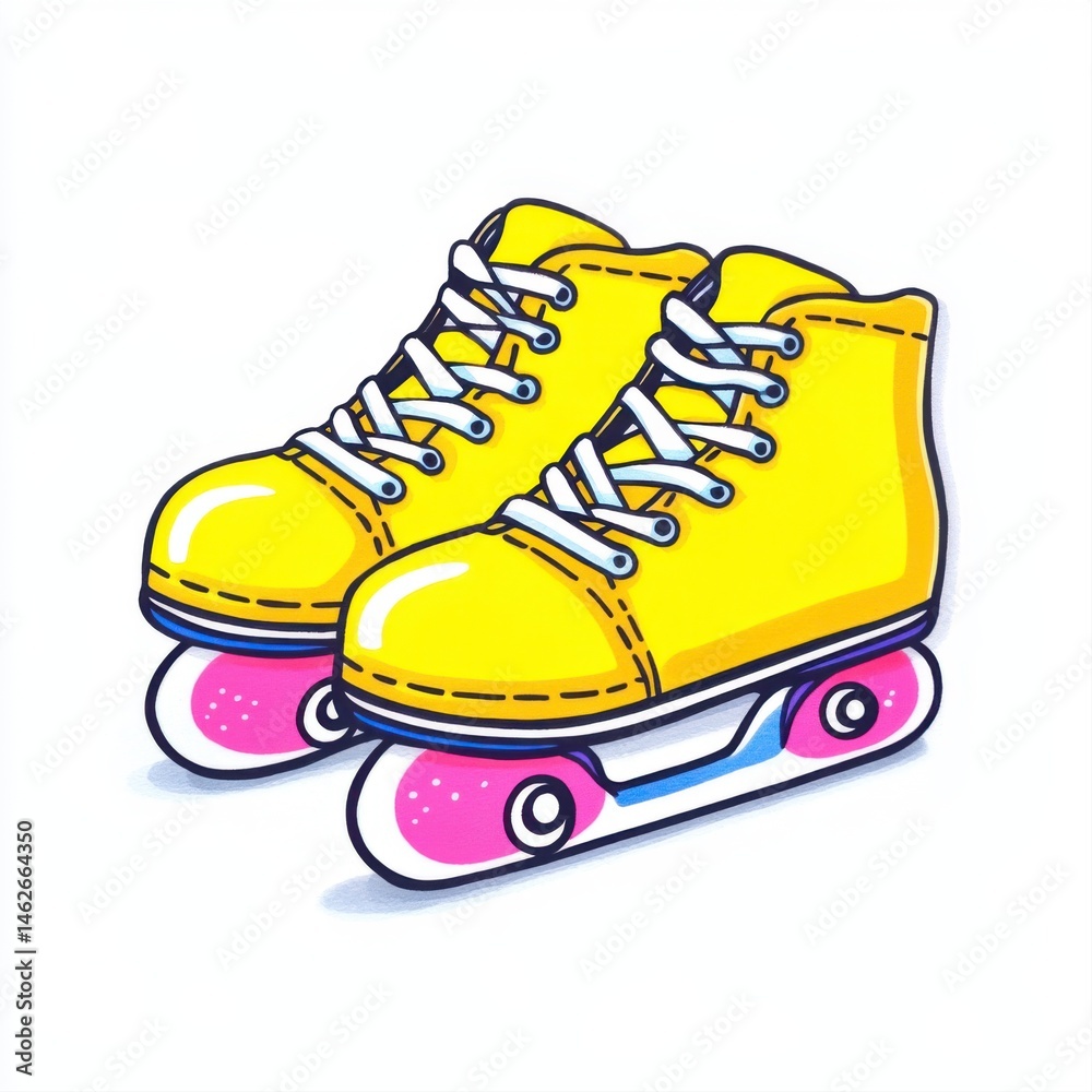 Bright Yellow Roller Skates with White Laces and Pink Wheels, Vector Style