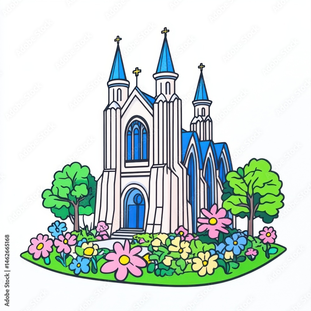 Colorful church illustration with flowers and trees in a vibrant garden scene