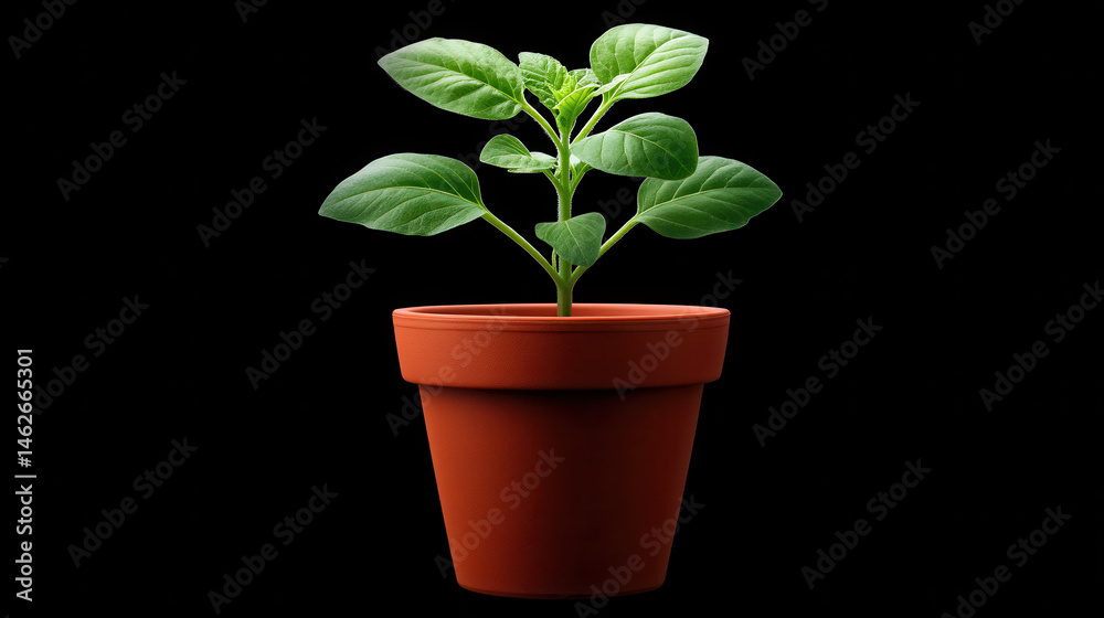 Obraz premium A vibrant green plant with healthy leaves grows in a simple terracotta pot against a stark black background, symbolizing new life and growth in isolation.
