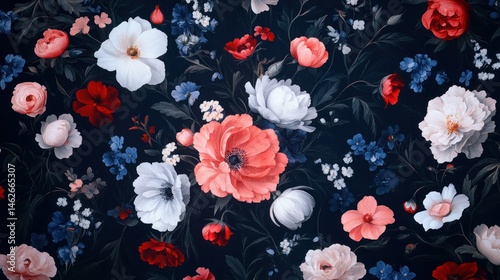 Wallpaper Mural Dark floral pattern red pink white and blue flowers Torontodigital.ca