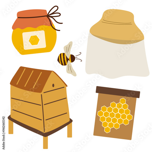 Beekeeping elements set with hat, honey jar and bee.