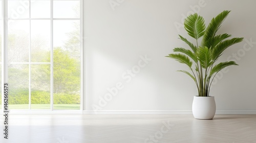 Modern, bright interior with a large window and houseplant