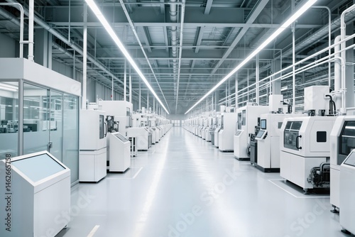 establishing shot dolly shot inside bright advanced semiconductor production fab cleanroom concept working overhead wafer transfer system