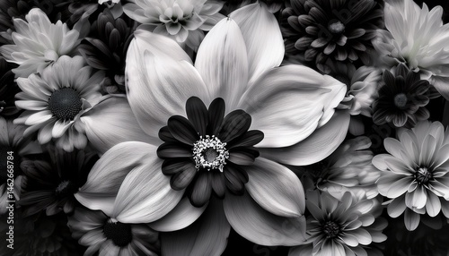 Monochromatic Floral Bouquet Dahlia, Chrysanthemum, Black and White Blooms