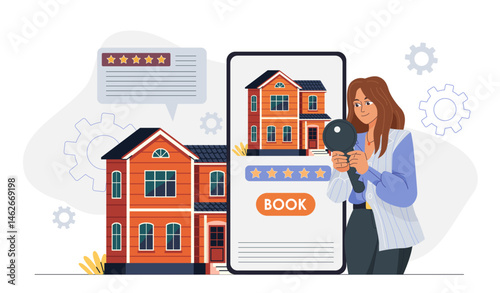 Woman booking house online concept. Vector illustration