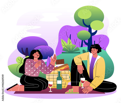 Couple enjoying picnic in nature. Vector illustration