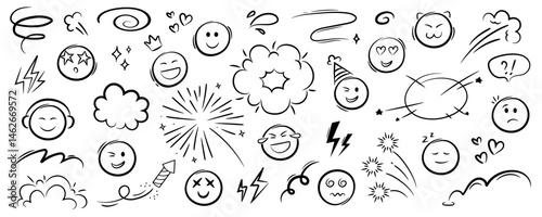 Comic doodle emoji face set with vector icon. Effect motion line element set including fireworks, lightning, stars, heart. Hand drawn sketch doodle action effect. 