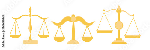 Golden justice scales set collection. Vector illustration