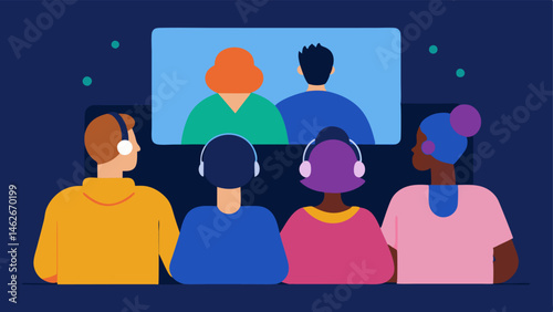 Group Viewing Experience An illustration showing a diverse group of friends watching a movie with a large screen showing captions and a couple using headphones.