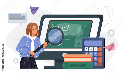 Math learning with magnifier concept. Vector illustration