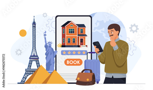 Man booking vacation online with phone. Vector illustration