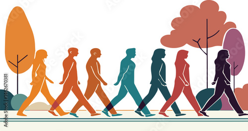 A diverse group of people walking together through a scenic forest path, surrounded by colourful trees and clean air, symbolises unity, peace, and environmental awareness.
