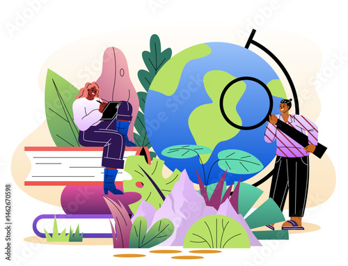 Students exploring nature and learning globe. Vector illustration