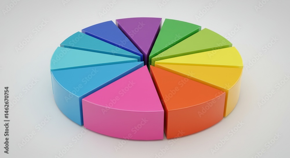 Obraz premium Colorful 3D Pie Chart Segments Data Visualization - A vibrant 3D pie chart showcasing data segments. Represents proportions, statistics, and analysis. Symbolizes diversity, unity