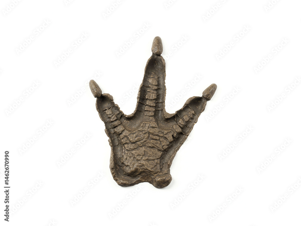 Fototapeta premium Stone dinosaur footprint isolated on white background.