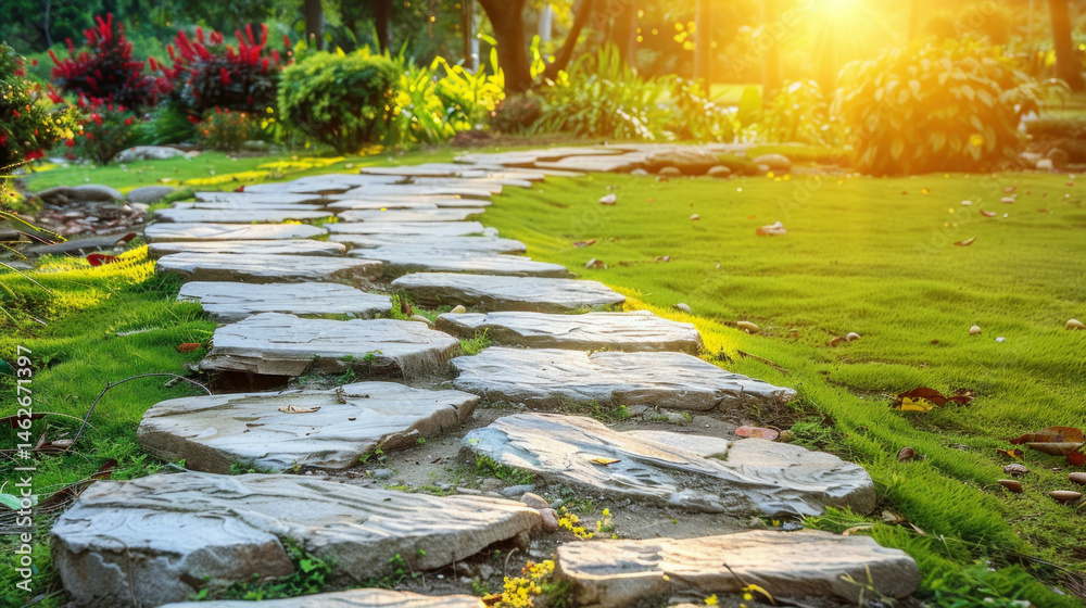 Naklejka premium Stone path through lush green garden at sunrise