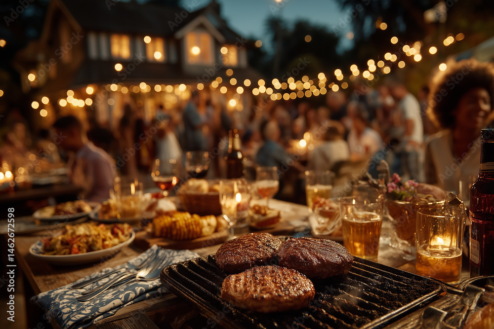 Fototapeta premium A barbecue scene at dusk with string lights hanging above, people sitting and standing around the grill, glowing coals, warm candlelight on the table, festive yet calm mood,