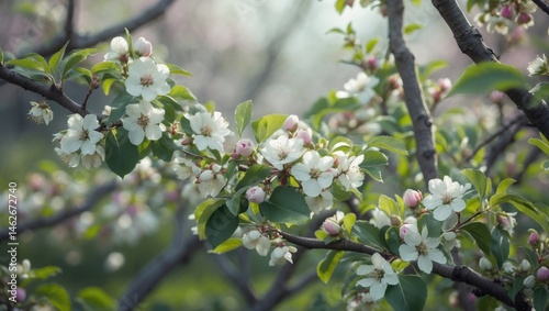 Detailed view of a natural background with spring blossoms, highlighting white apple blossoms on garden branches