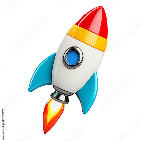 Cartoon rocket launching against transparent background. Red, yellow, blue, and white colors. Playful and dynamic illustration.