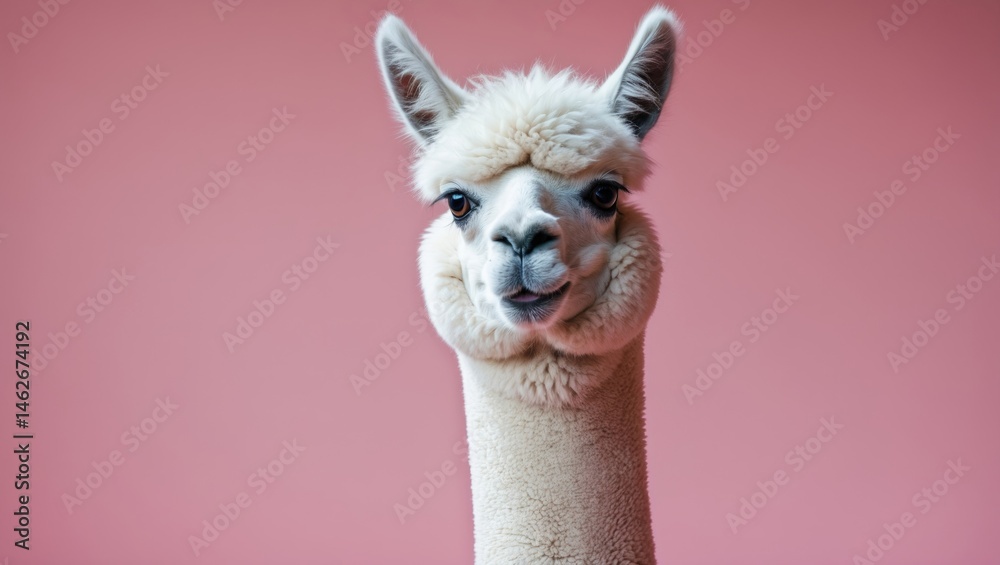 Fototapeta premium Funny llama showing teeth against pink backdrop