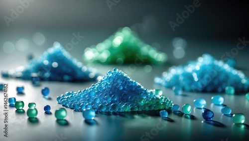 Close-up of various polymer resin pellets with vibrant colors photo