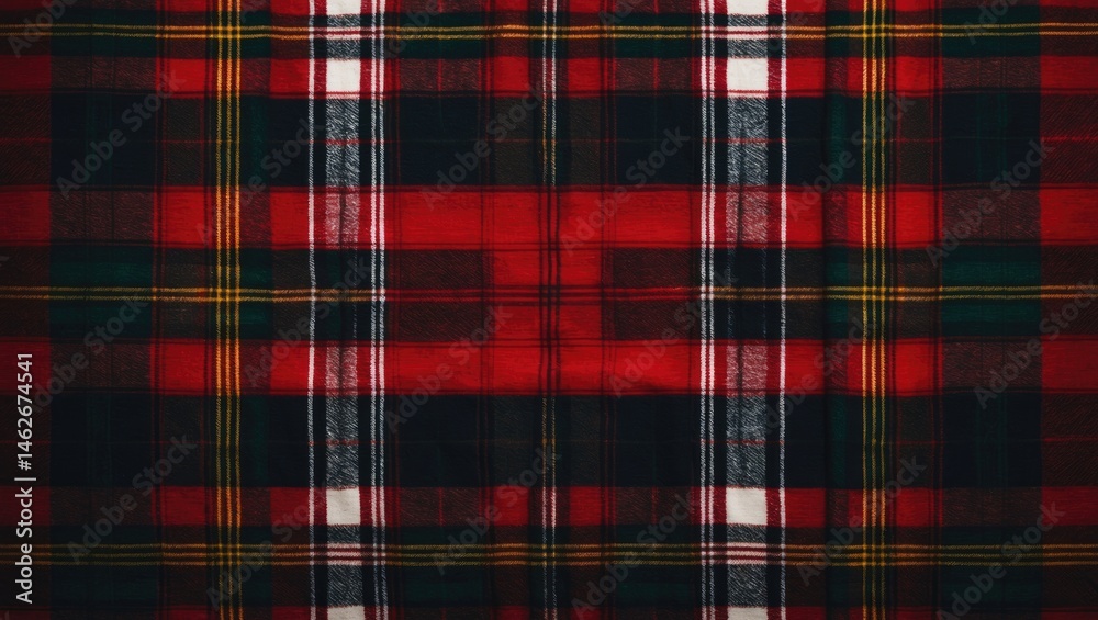 Obraz premium Wool-based Scottish tartan textile displaying a plaid pattern in red, green, and white, with a symmetric square design.