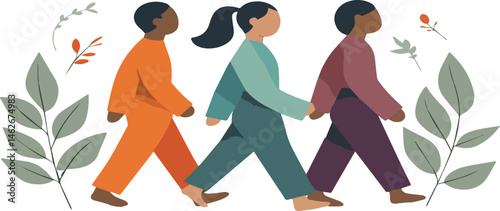 A diverse group of people walking together through a scenic forest path, surrounded by colourful trees and clean air, symbolises unity, peace, and environmental awareness.
