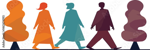 A diverse group of people walking together through a scenic forest path, surrounded by colourful trees and clean air, symbolises unity, peace, and environmental awareness.
