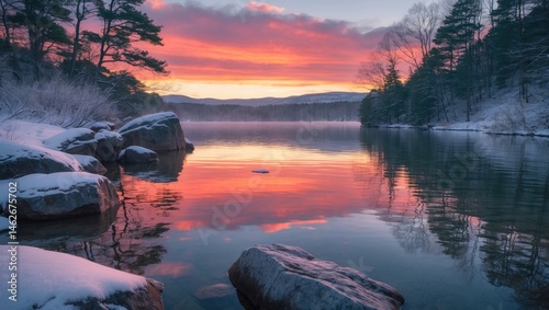 Vibrant winter scenery showcasing mountain, water, and reflection on a peaceful New England lake photo
