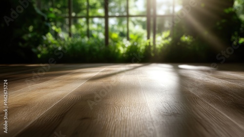 Sunlight streams through a window, illuminating a wooden floor. Lush green plants and trees are visible outside