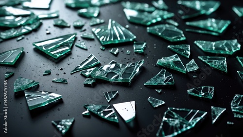 Detailed view of broken glass showcasing impact marks and jagged edges.