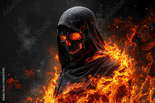 A menacing figure cloaked in black, with glowing eyes, surrounded by flames in a dark setting