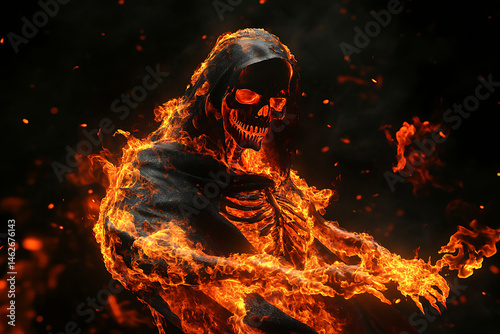 Fiery skeletal figure enveloped in flames, set against a dark, smoky background, creating a dramatic scene