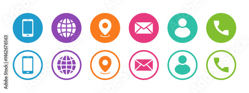 Visiting card icon set in fill and stroke style with different colors. Phone, call, contact, web, location, message and profile icons collection.