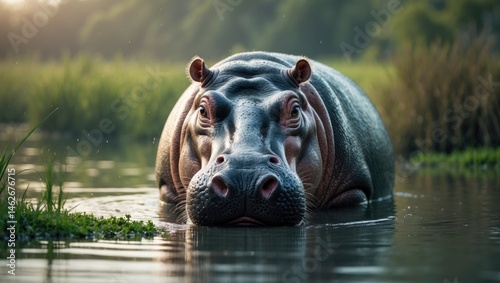 Hippo or common hippopotamus exhibiting aggression