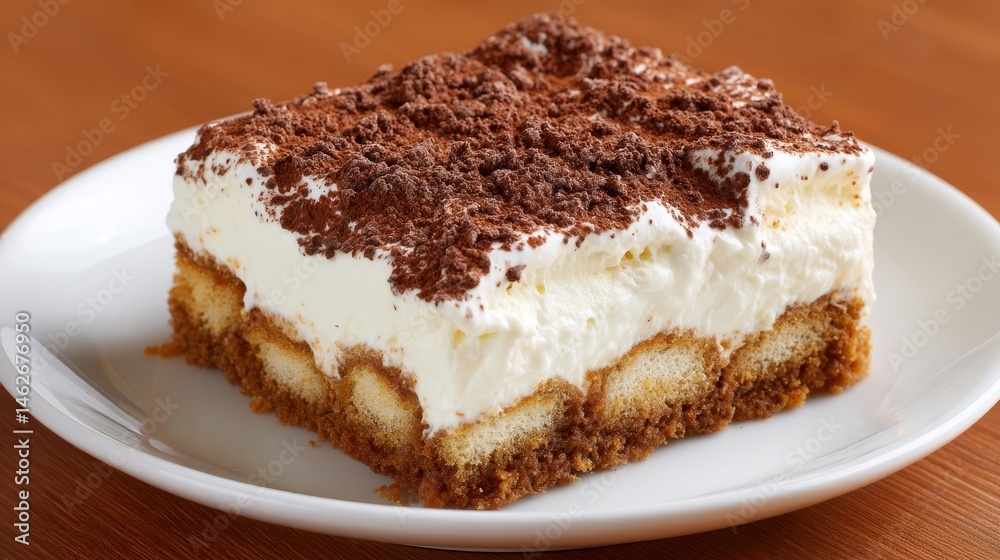 Close-up view of a luscious tiramisu slice showcasing the rich texture of soaked biscuits and creamy mascarpone, lightly dusted with cocoa powder Close-up view of a luscious tiramisu slice showcasing the rich texture of soaked biscuits and creamy mascarpone, lightly dusted with cocoa powder