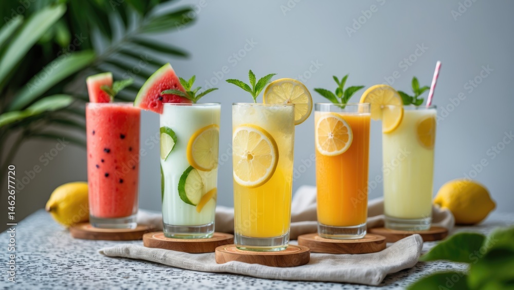 Fototapeta premium Variety of Ade, Cream Latte, Milk Tea, Matcha, Fruit Tea, Smoothie, Yogurt, Dessert, Canulets, Sandwiches, Cookies, Madeleines