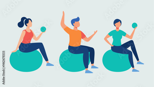 Sitting Exercises Several individuals sitting on exercise balls performing coordination drills while a the demonstrates proper form emphasizing engagement and fun.